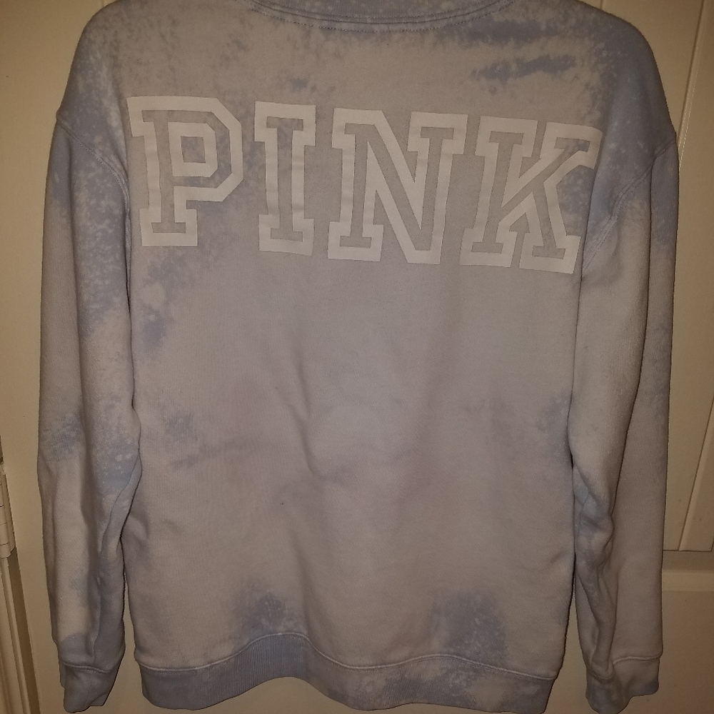 VICTORIAS SECRET PINK white and icy topaz crew neck sweatshirt bleached
